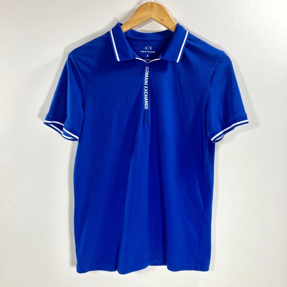 Armani Exchange Polo Shirt Mens Small Blue White Trim Short Sleeve Zip - Picture 1 of 9